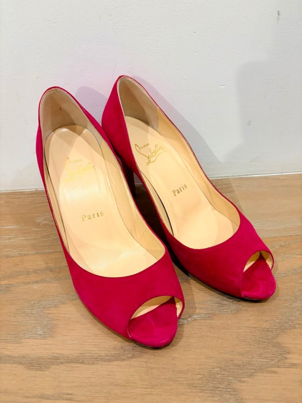 Christian Louboutin You You 85 Suede Peep-Toe Pumps Cyclamen Pink Heels